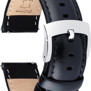 Classic Black Leather Watch Strap with Silver Buckle
